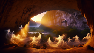Mist-like spirits dancing inside Cueva Ventana