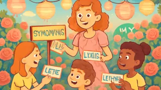 Nancy und ihre Freunde tauschen elegante Synonyme aus, während sie festliche Kleidung tragen und sich in einem märchenhaften Garten aufhalten.