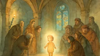 The star-child gazing curiously at noble courtiers in the grand hall of Castle Anlua