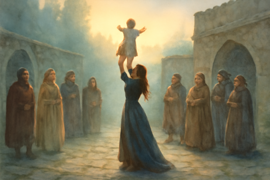 Young maiden Branna cradles a glowing infant within a dim castle courtyard