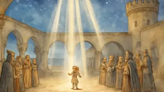The star-child ascending in a pillar of light before the astonished princess and court