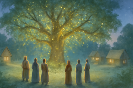 Aislinn and Branna release glowing motes of light from an ancient oak as villagers watch in awe