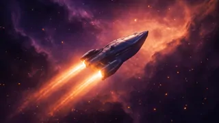 Uma nave estelar cortando uma densa e entropicamente turbulenta nebulosa, deixando rastros de luz e esperança.