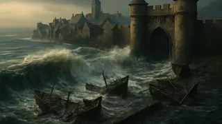 Wütende Flutwellen prallen auf den Hafen und die Burgmauern von Stavoren.