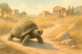 La tortue déterminée avançant lentement sur le chemin poussiéreux bordé d'oliviers sous le soleil de midi