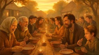 Villagers sharing a hearty bowl of stone soup in the village square