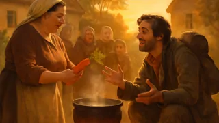 The traveler stirring the pot inviting a hesitant villager to share ingredients