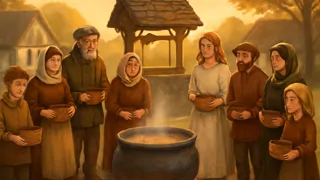 Villagers gathering around the simmering pot as the traveler calls for ingredients