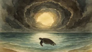 Ein ruhiges Meer im Auge des Sturms, während die Schildkröte ihre Reisepause einlegt.