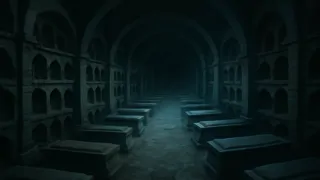 Underground crypt gallery lined with alcoves holding weathered stone sarcophagi