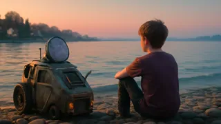 Die provisorische Zeitmaschine steht am sonnigen Seeufer, als der Junge auf den kiesbedeckten Sand tritt.