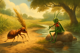 Une fourmi portant des grains alors qu'une sauterelle joue une mélodie au bord d'un ruisseau.