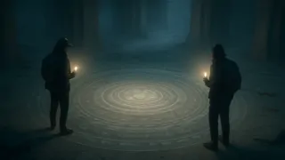 A hidden chamber with a luminescent circle etched into the floor, pulsing with ominous light