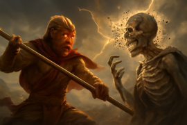 Sun Wukong atingindo a Demônia Osso-Branco no meio de sua transformação