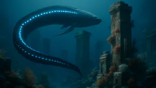 Padronagens bioluminescentes brilham sobre ruínas antigas submersas e um leviatã colateral sob as luzes da Aurora