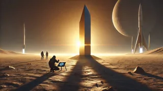 Le lever du soleil matinal projette des ombres dramatiques autour d’un monolithe lunaire à la surface de la Lune.