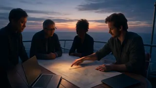Especialistas em conservação marinha a bordo do navio, analisando mapas e firmando acordos ao pôr do sol sobre águas calmas