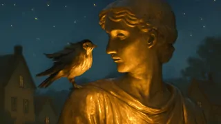 A solitary swallow perched delicately on a statue’s golden shoulder