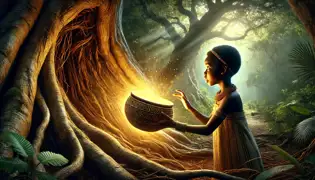 Tandiwe discovers the glowing Enchanted Mbusa Basket inside the hollow of an ancient mukwa tree in the Forbidden Forest.