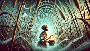 Tandiwe navigates through the Maze of Illusions, surrounded by shifting reeds and ghostly whispers trying to lead her astray.