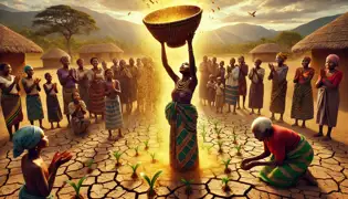 Tandiwe raises the Enchanted Mbusa Basket in the village center as golden rain revives the dry land, bringing hope to her people.