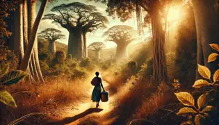 Tariro walks through a lush Zimbabwean landscape, carrying a small bundle, surrounded by towering baobab trees and golden sunlight.