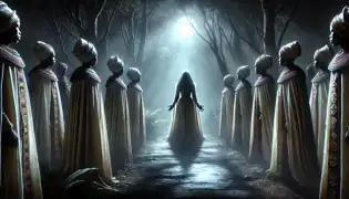 Thandiwe faces mysterious figures in flowing garments who stand along the glowing path, their faces hidden in the moonlight.