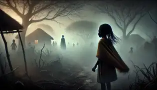 Thandiwe walks through dense fog, seeing a vision of her abandoned village and her grandmother watching her from a distance.