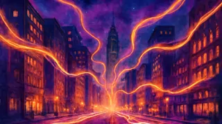 Eine nächtliche Straße in New York, die mit ätherischen Energieadern leuchtet, die pulsen und sich über den Asphalt erstrecken.