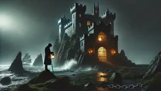 Uma figura encapuzada escapa pela arcada de pedra do Château d’If ao meio-dia, enquanto as ondas se quebram abaixo.