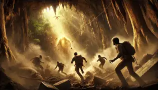 The explorers desperately flee the collapsing cave, dodging falling rocks, as sunlight streams in through the jungle entrance ahead.