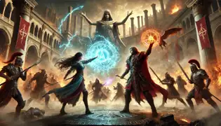 Neithara and Marcellus engage in a fierce magical battle in Cyrene’s burning grand plaza as warriors clash around them.