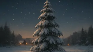 A mature fir tree under a blanket of snow with a distant lantern-lit village beyond.