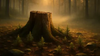 An ancient fir tree stump surrounded by new seedlings as dawn light breaks over a quiet forest floor.
