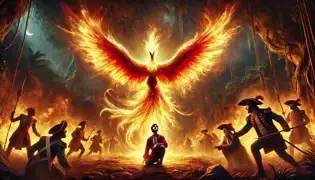 The Firebird hovers in a jungle clearing, radiating golden light as Diego kneels before it, while Esteban’s soldiers recoil in fear.