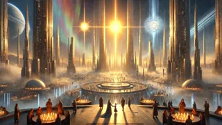 Los habitantes de Astralis presenciando el amanecer tras el ocaso, reconstruyendo y celebrando la unidad bajo cuatro soles.