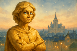 Sternenbedeckte Statue eines goldenen Prinzen, der mit einem Hauch von Melancholie über die Stadt Dublin blickt