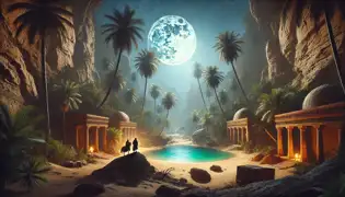 Layla and Timur stand in awe before the hidden Moonlit Oasis, where ruins and palm trees surround a crystal-clear pool.