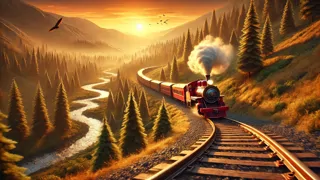 Uma pequena locomotiva vermelha brilhante iniciando sua íngreme ascensão ao longo de uma curva da ferrovia sob um pôr do sol dourado.