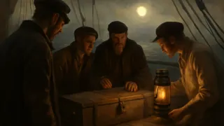 Crew members gather around a sealed wooden box on deck