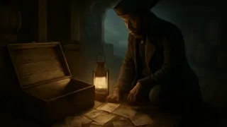 Captain examining aged documents inside the box in the ship's cargo hold