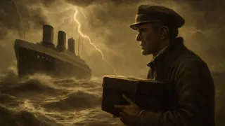 Violent storm at sea illuminated by lightning reveals ship's silhouette