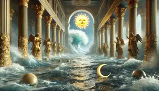 The palace of the Sun and Moon is flooded as waves crash against golden pillars, and the Sun stands defiantly against the rising waters.