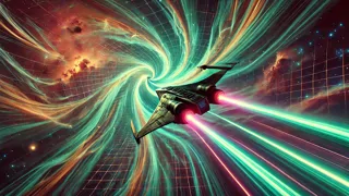 Rebel starship warping between planet systems with energy trails