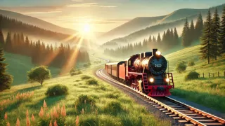 A locomotiva descendo a montanha em direção a um novo horizonte, iluminada pela brilhante luz da manhã
