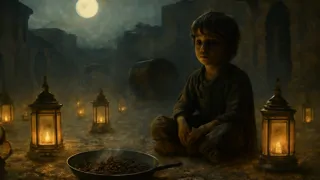 An Ethiopian mother kneels beside a silent boy under the glow of festival lanterns