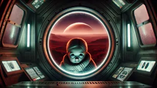 Joven polizón presionando el rostro contra la ventana de la nave espacial, mirando hacia el horizonte marciano.