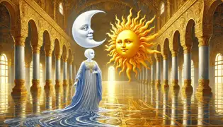  The Sun and the Moon stand inside their palace, watching as the first gentle waves of the Sea begin to enter their home.