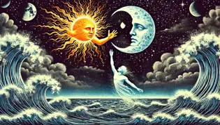 The Sun and the Moon ascend into the sky as their palace is consumed by the Sea’s waves, escaping to their new celestial home.