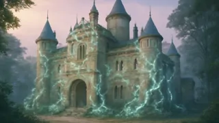 An overgrown palace tower swallowed by glowing thorny vines